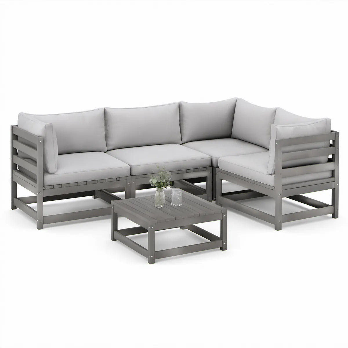 5-Piece Outdoor Patio L-Shaped Corner Sofa Set with Coffee Table, Gray/Light Gray, 216 x 216 x 76 cm