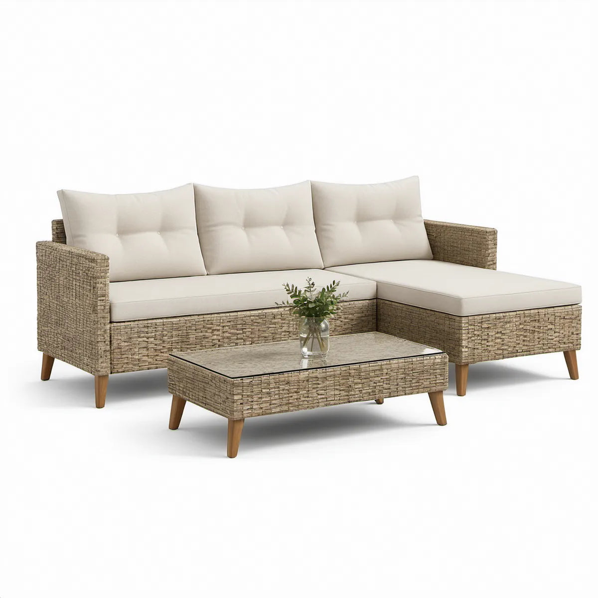 88 in. x 56 in. Outdoor L-Shaped PE Rattan Seating Set with Coffee Table, Natural Brown/Beige