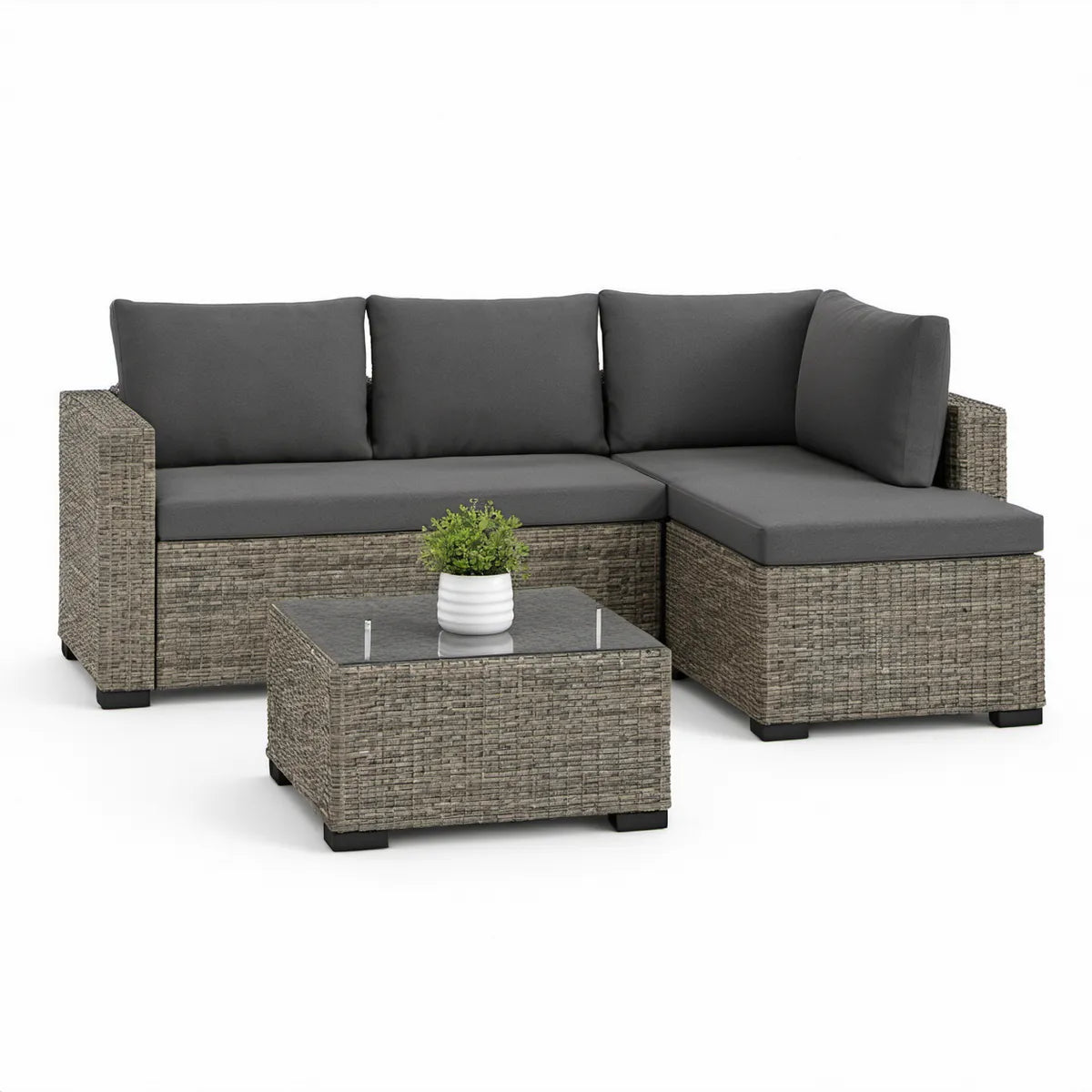Gray PE Rattan L-Shaped Outdoor Sectional Sofa Set with Coffee Table, 206 x 142 x 65 cm