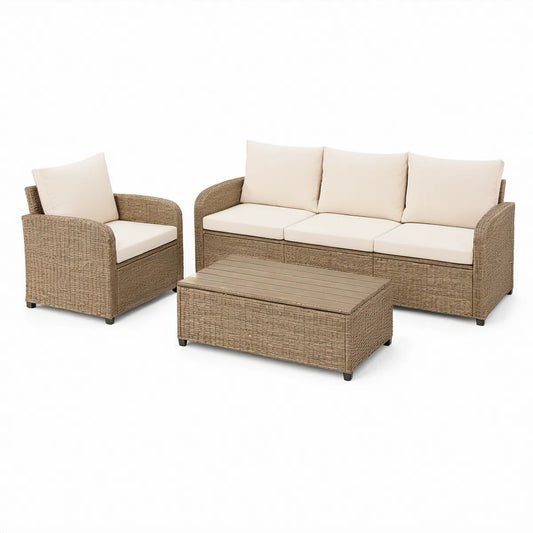 3-Piece Brown PE Rattan Patio Seating Set with Beige Cushions, 3-Seat Sofa, Armchair and Coffee Table