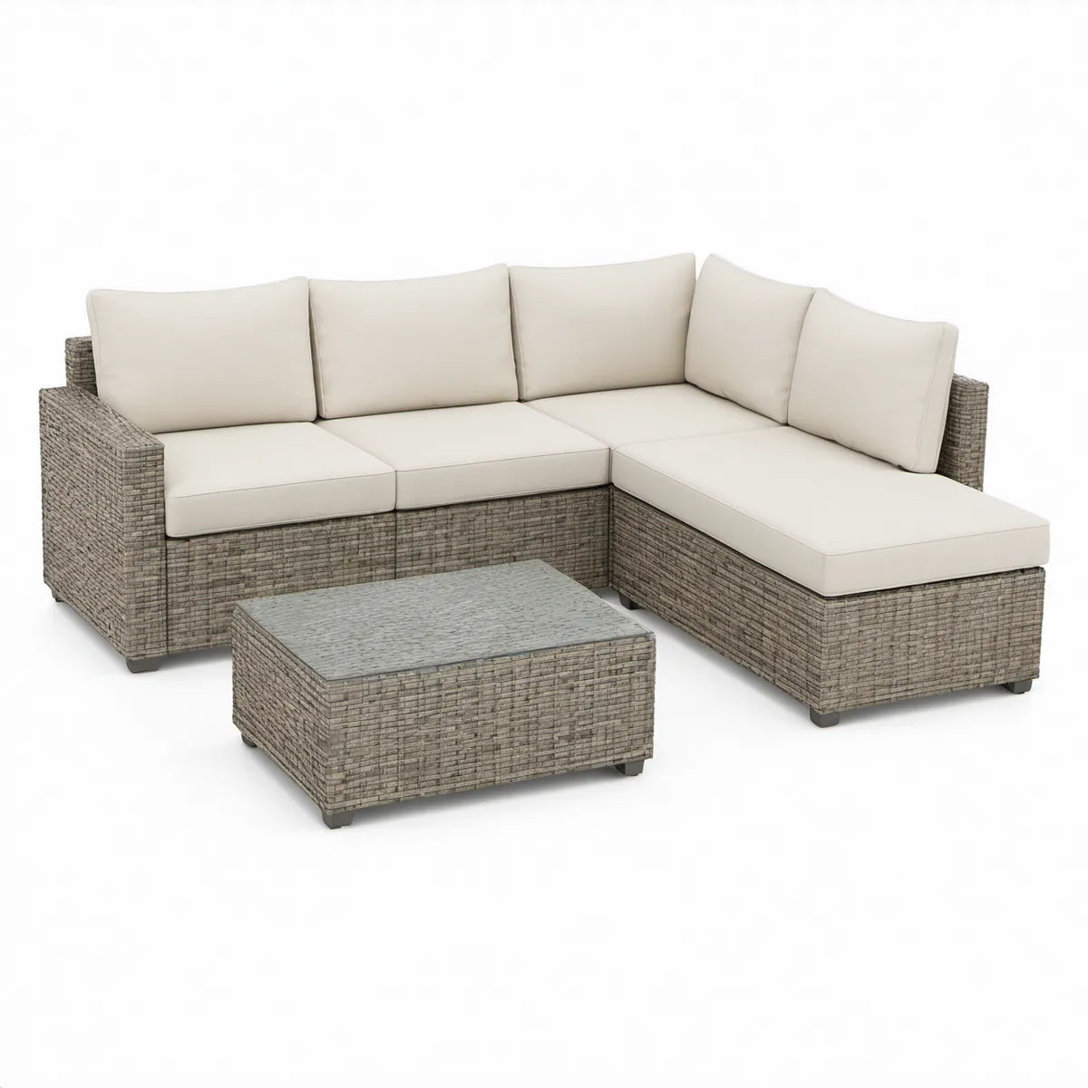 3-Piece Gray PE Rattan L-Shaped Outdoor Sectional with Beige Cushions and Coffee Table, 86.6 x 59.1 x 29.5 in