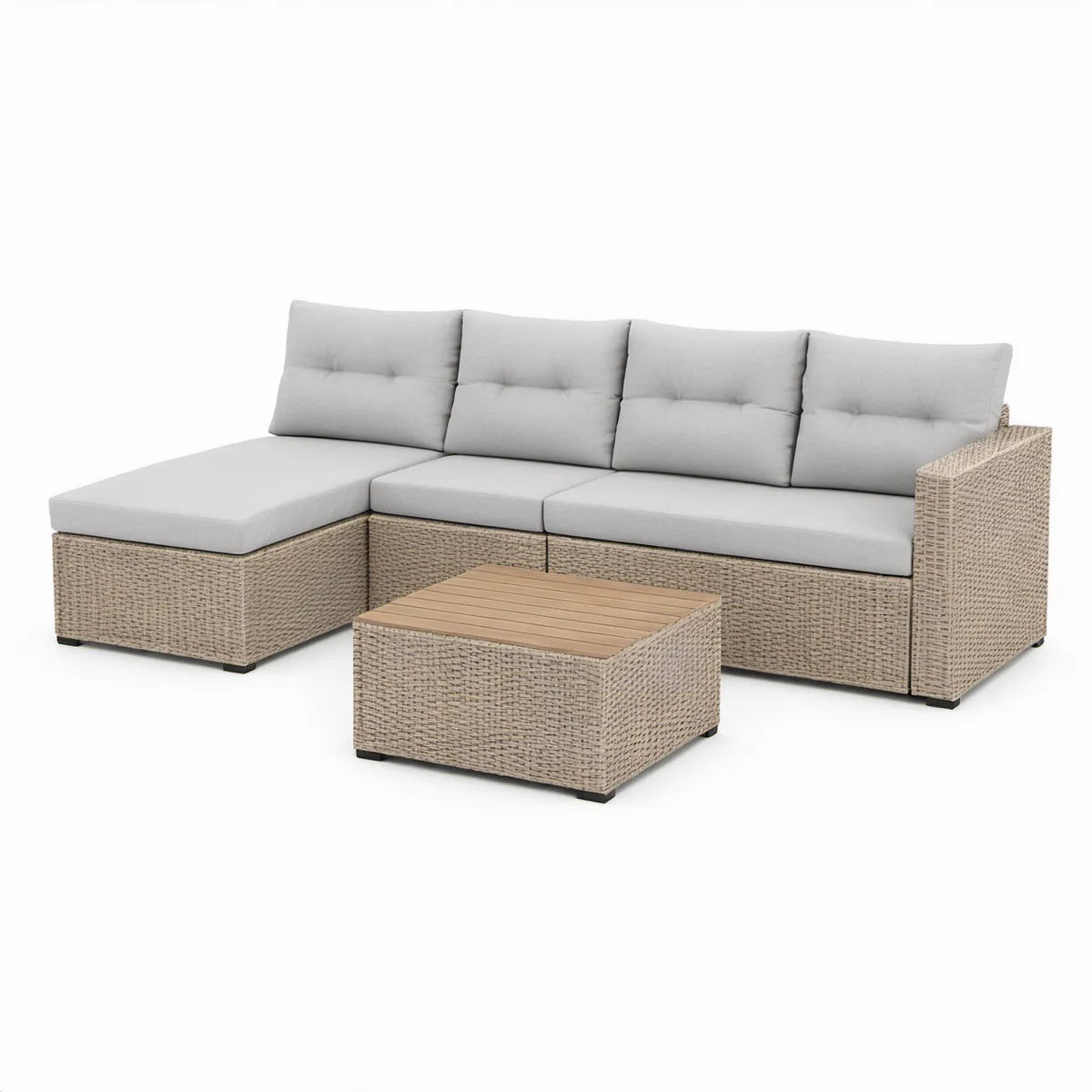 Outdoor 3-Piece L-Shaped PE Rattan Sectional Set with Coffee Table, Beige/Light Gray/Natural Brown, 262 x 142 x 73 cm