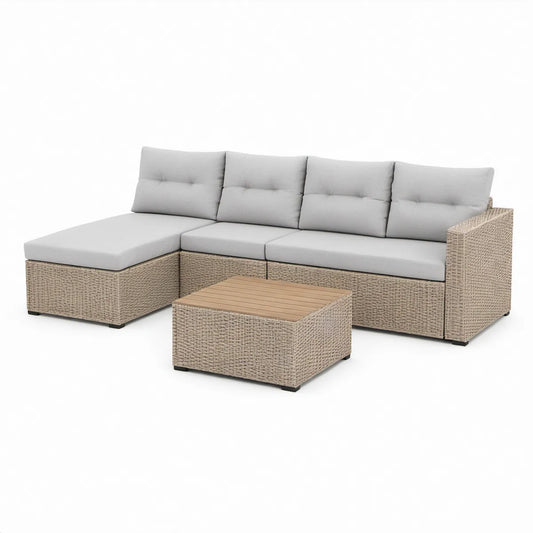 Outdoor 3-Piece L-Shaped PE Rattan Sectional Set with Coffee Table, Beige/Light Gray/Natural Brown, 262 x 142 x 73 cm