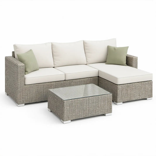 Gray PE Rattan Right-Chaise Sectional with Cream Cushions, Sage Green Pillows and Glass Coffee Table, 210 x 150 x 65 cm