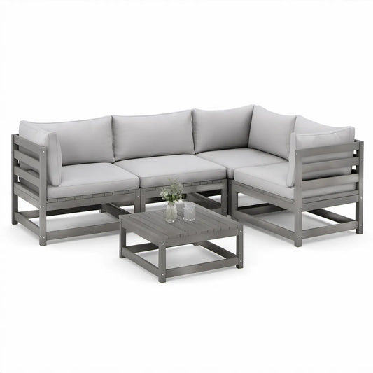5-Piece Outdoor Patio L-Shaped Corner Sofa Set with Coffee Table, Gray/Light Gray, 216 x 216 x 76 cm