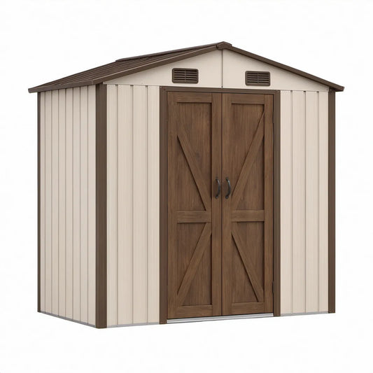 Outdoor Resin Garden Storage Shed, 8 ft W x 6 ft D x 7.4 ft H, Gable Roof, Double Doors, Beige/Brown
