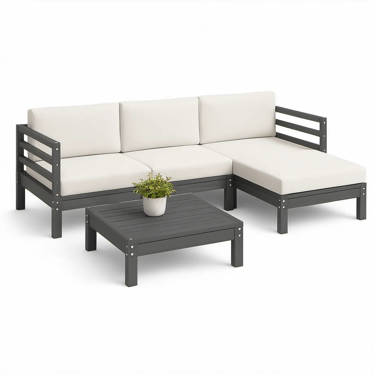 Outdoor L-Shaped Sectional Sofa Set with Slatted Table, Black Steel Frame and Cream Cushions, 195 x 130 x 63 cm