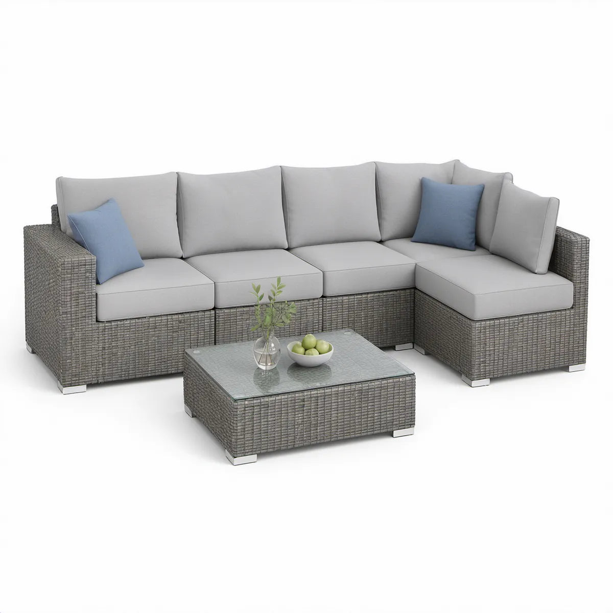 5-Piece Outdoor Patio Sectional Sofa Set with Coffee Table, 101.2 x 101.2 x 33.5 in, Gray and Light Gray with Blue Accent Pillows