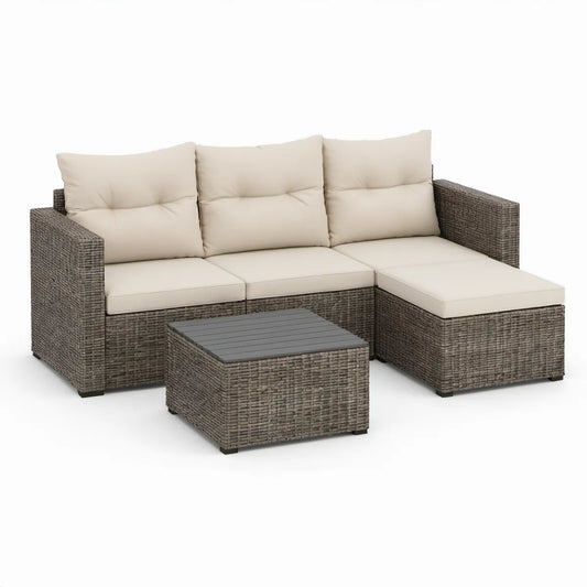 3-Piece Outdoor PE Rattan Sectional Sofa Set with Coffee Table, 203 x 130 x 85 cm, Gray/Beige/Dark Gray