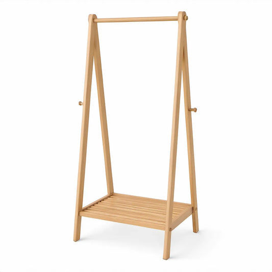 Natural Solid Bamboo A-Frame Garment Rack with Slatted Shelf, 31.5 x 17.7 x 65.7 in