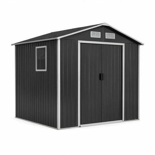Outdoor Storage Shed, 96 x 72 x 82.7 in, Galvanized Steel Gable Roof, Dark Gray/Silver