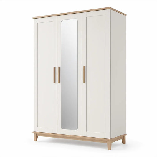 White and Natural Wood 3-Door Armoire with Full-Length Mirror, 120 x 52 x 190 cm