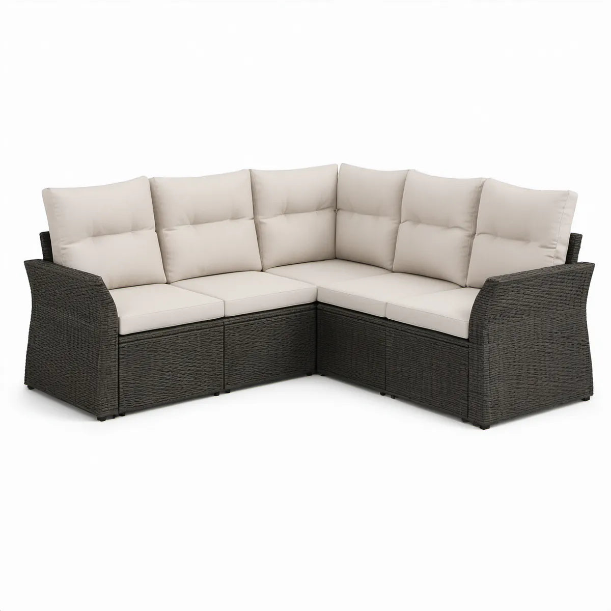 5-Piece L-Shaped Outdoor Sectional, Dark Brown PE Rattan with Beige Cushions, 92.5 x 92.5 x 33.5 in.