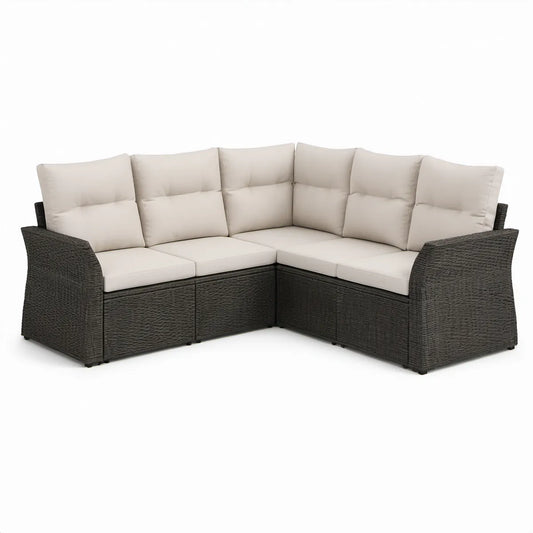 5-Piece L-Shaped Outdoor Sectional, Dark Brown PE Rattan with Beige Cushions, 92.5 x 92.5 x 33.5 in.