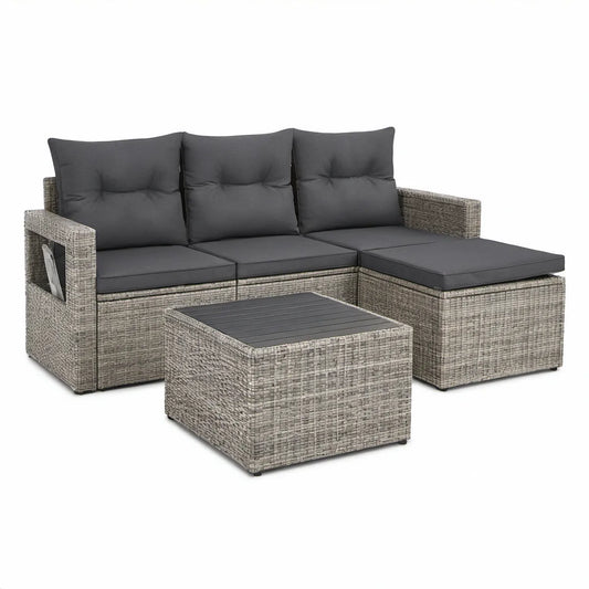 4-Piece Outdoor PE Rattan Sectional with Coffee Table, Gray/Dark Gray, 200 x 140 x 60 cm
