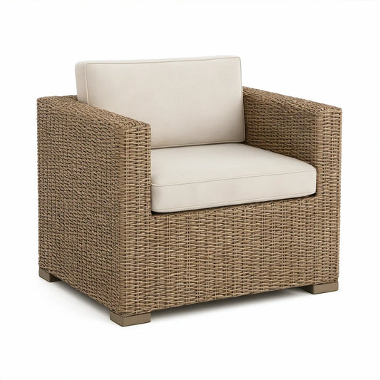 Natural Beige PE Rattan Armchair with Ivory Cushions, 35 x 35 x 33 in