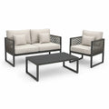 3-Piece Outdoor Patio Conversation Set with Loveseat, Armchair and Coffee Table, Black Steel Frame with Beige Cushions