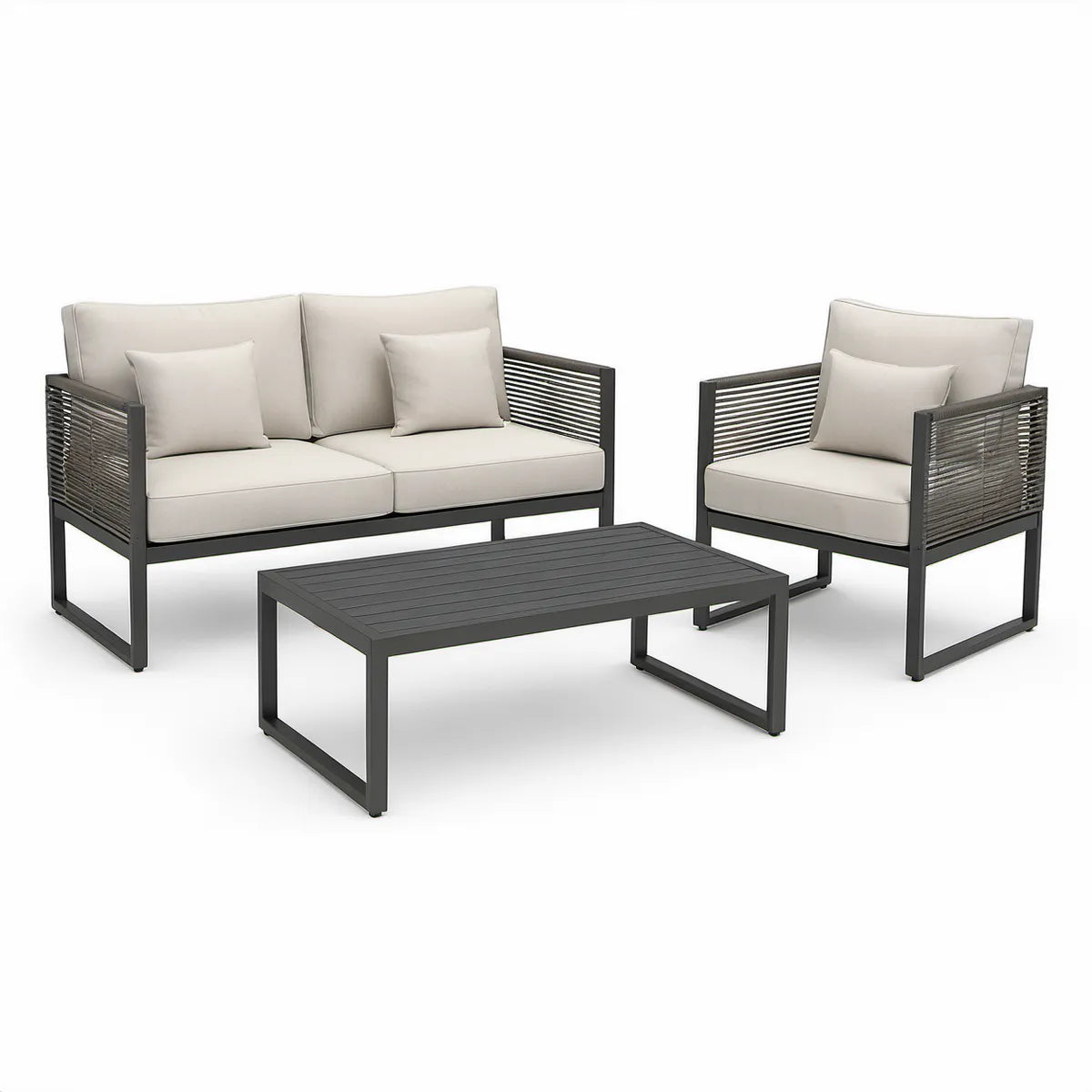 3-Piece Outdoor Patio Conversation Set with Loveseat, Armchair and Coffee Table, Black Steel Frame with Beige Cushions