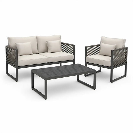 3-Piece Outdoor Patio Conversation Set with Loveseat, Armchair and Coffee Table, Black Steel Frame with Beige Cushions
