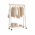 43 x 18 x 65 in Rolling Garment Organizer with Wood Hanging Rail, Lower Shelf, Side Hooks and Locking Casters, Cream/Natural/Black