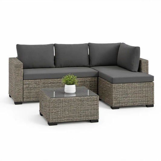 Gray PE Rattan L-Shaped Outdoor Sectional Sofa Set with Coffee Table, 206 x 142 x 65 cm
