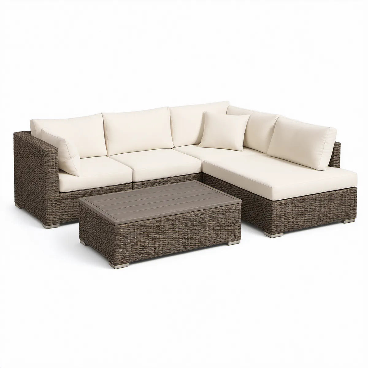 3-Piece Outdoor PE Wicker L-Shaped Sectional Sofa Set with Coffee Table, Brown/Ivory, 236 x 154 x 76 cm