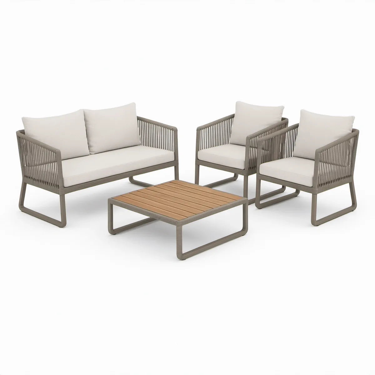 4-Piece Outdoor Patio Conversation Set, Gray Aluminum Rope Frame, Beige Cushions, Natural Brown Acacia Wood Coffee Table, Sofa 52 x 30 x 32 in