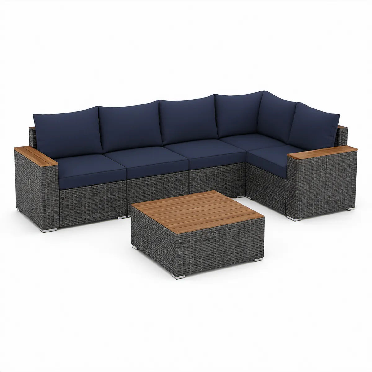 4-Piece Outdoor PE Rattan L-Shaped Sectional with Coffee Table, Dark Gray, Navy Blue and Brown, 210 x 210 x 65 cm