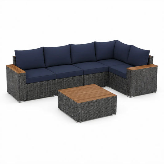 4-Piece Outdoor PE Rattan L-Shaped Sectional with Coffee Table, Dark Gray, Navy Blue and Brown, 210 x 210 x 65 cm