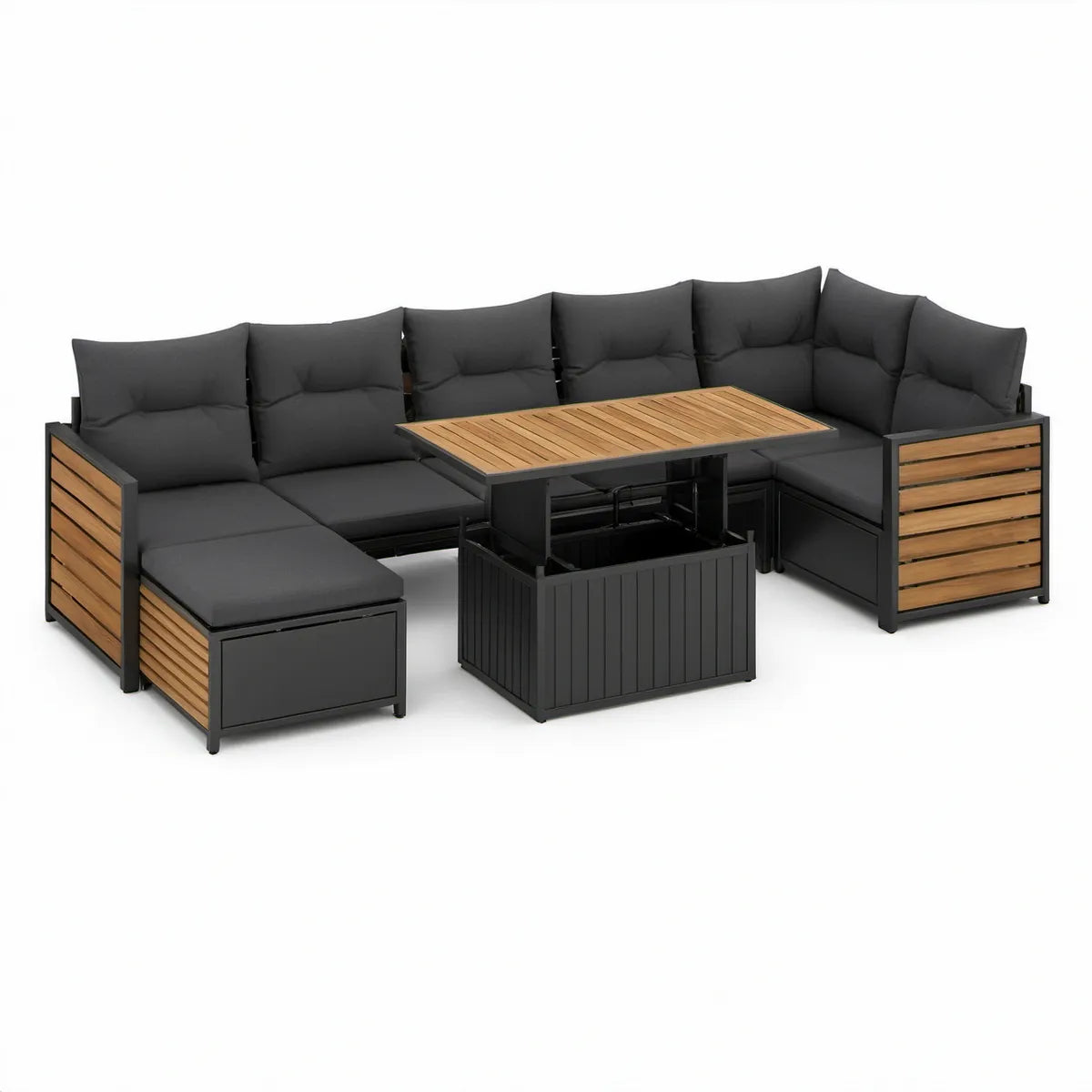8-Piece Outdoor Modular Sectional Set with Acacia Wood Table and Storage Unit, 250 x 250 x 80 cm, Black/Brown