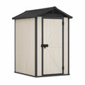 Beige and Black Resin Outdoor Storage Shed with Gable Roof, Single Door, 52 x 32 x 75 in