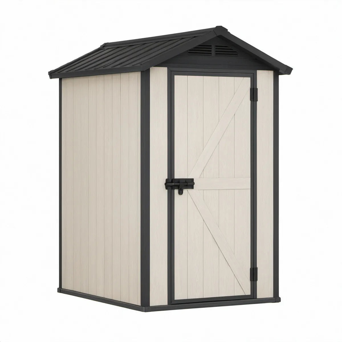 Beige and Black Resin Outdoor Storage Shed with Gable Roof, Single Door, 52 x 32 x 75 in