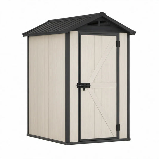 Beige and Black Resin Outdoor Storage Shed with Gable Roof, Single Door, 52 x 32 x 75 in