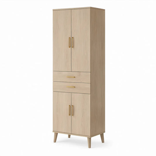 Light Oak 4-Door Wardrobe with 2 Drawers and Gold Handles, 31.5 x 17.7 x 78.7 in