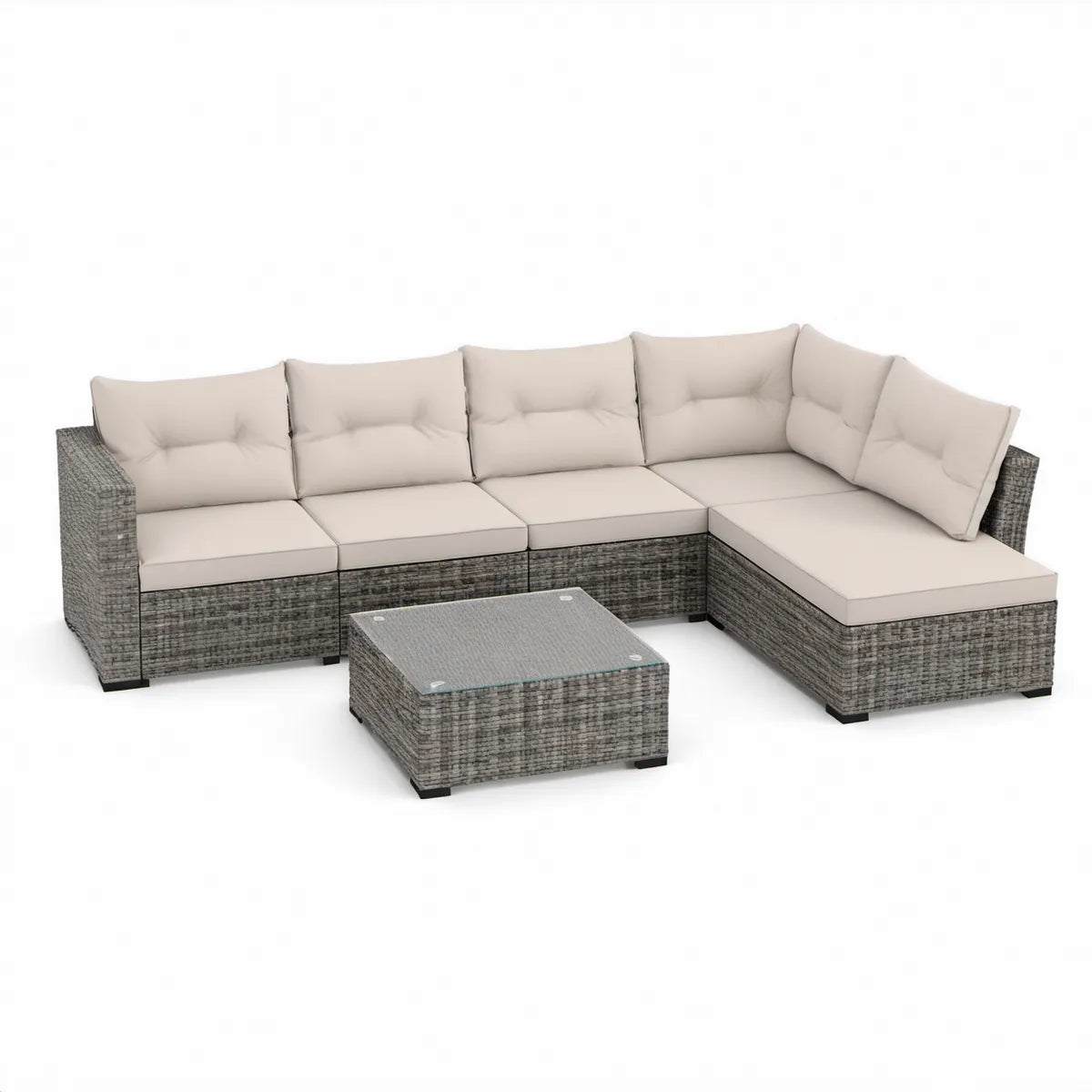 6-Piece L-Shaped Outdoor Sectional Set with Coffee Table, 111.8 x 86.6 x 25.6 in, Gray/Beige