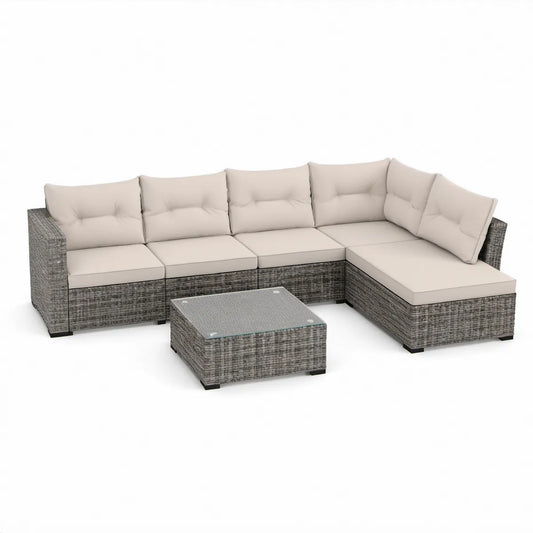6-Piece L-Shaped Outdoor Sectional Set with Coffee Table, 111.8 x 86.6 x 25.6 in, Gray/Beige