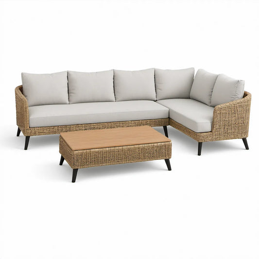 Outdoor L-Shaped PE Rattan Sectional with Cushions and Coffee Table, Natural Brown/Beige/Light Brown/Black, 255 x 175 x 78 cm